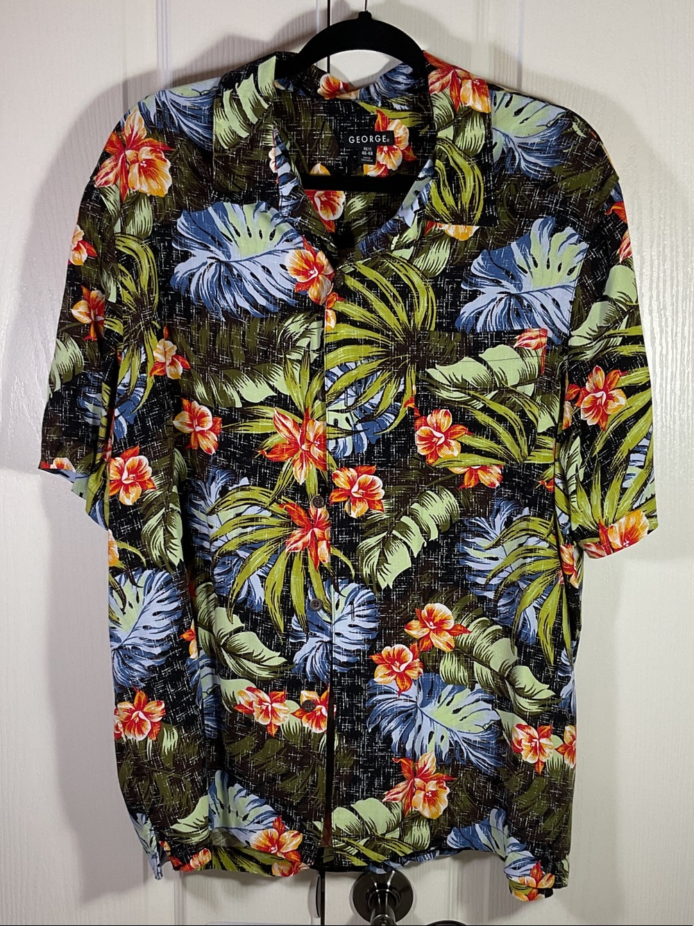 George Black Tropical Floral Camp Shirt with Blue & Green Leaves